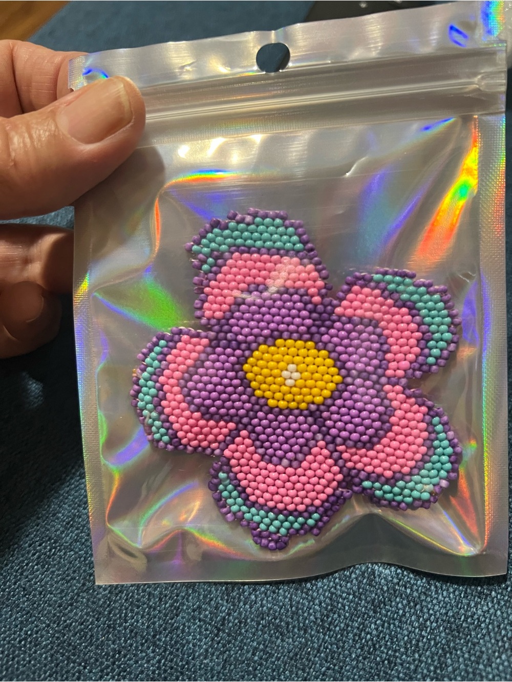 Pink & Purple Beaded Flower Brooch with Yellow Center